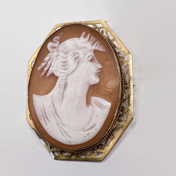 Cameo Brooch, Vintage, Carved Shell, Goddess Demeter, Victorian, Gold, Antique - Picture 7 of 7